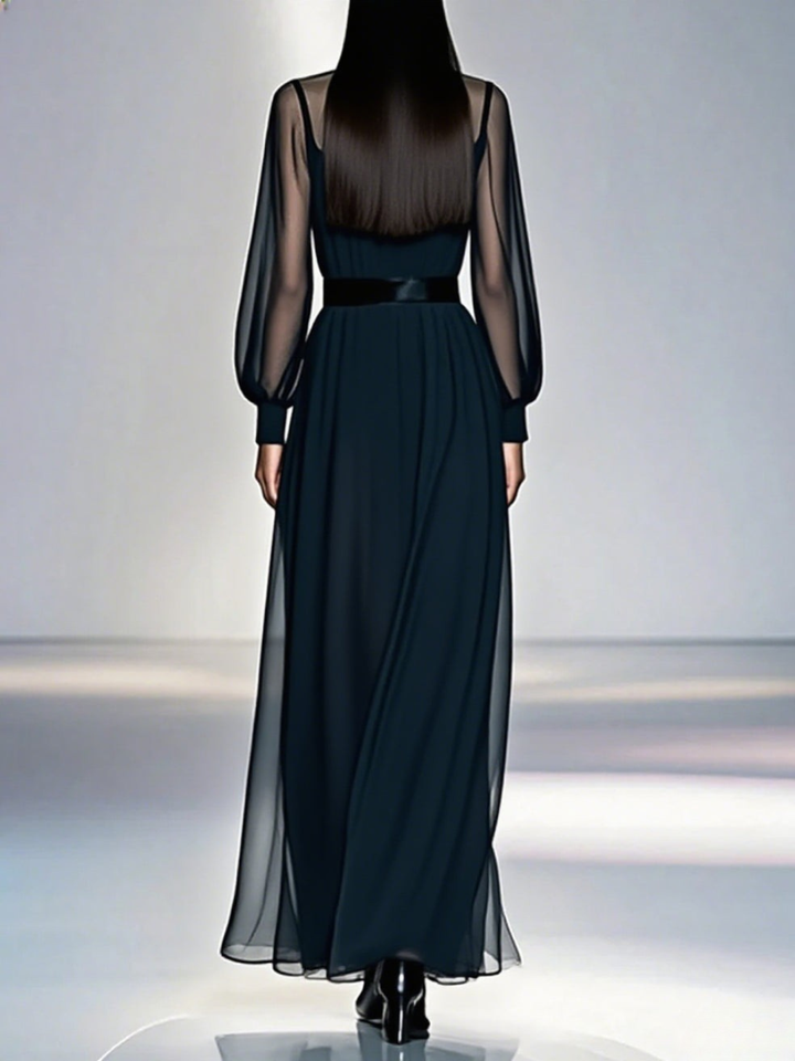 Jules™ – Women’s Maxi Dress with Sheer Sleeves and Waist Belt