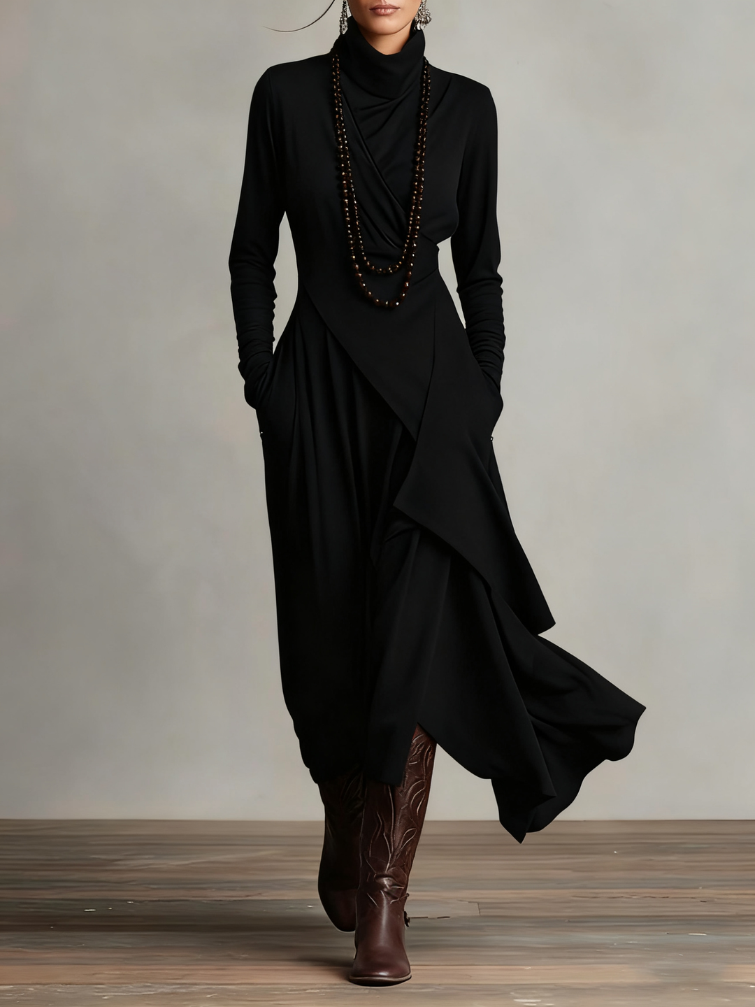 Aurelia ❘ Asymmetric Pleated Maxi Dress with High Collar