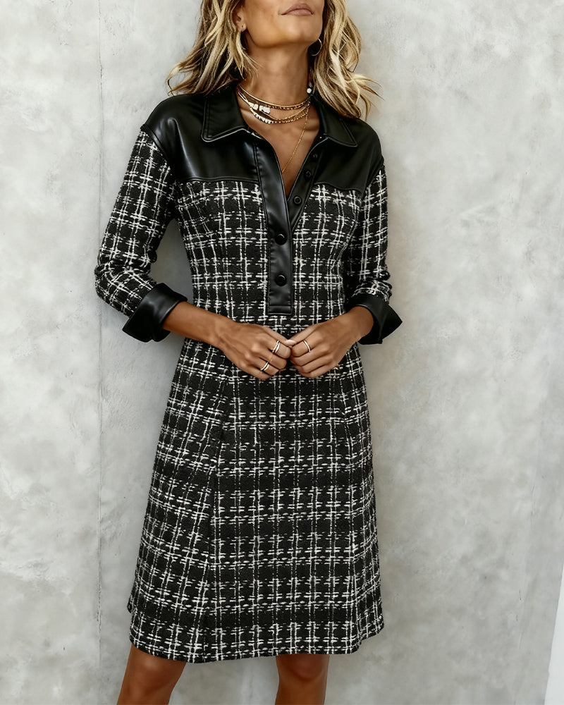 Jessica - Long Sleeve Patchwork and Houndstooth Dress