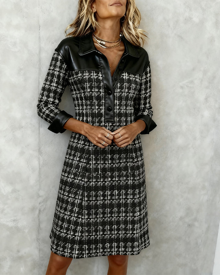 Jessica - Long Sleeve Patchwork and Houndstooth Dress